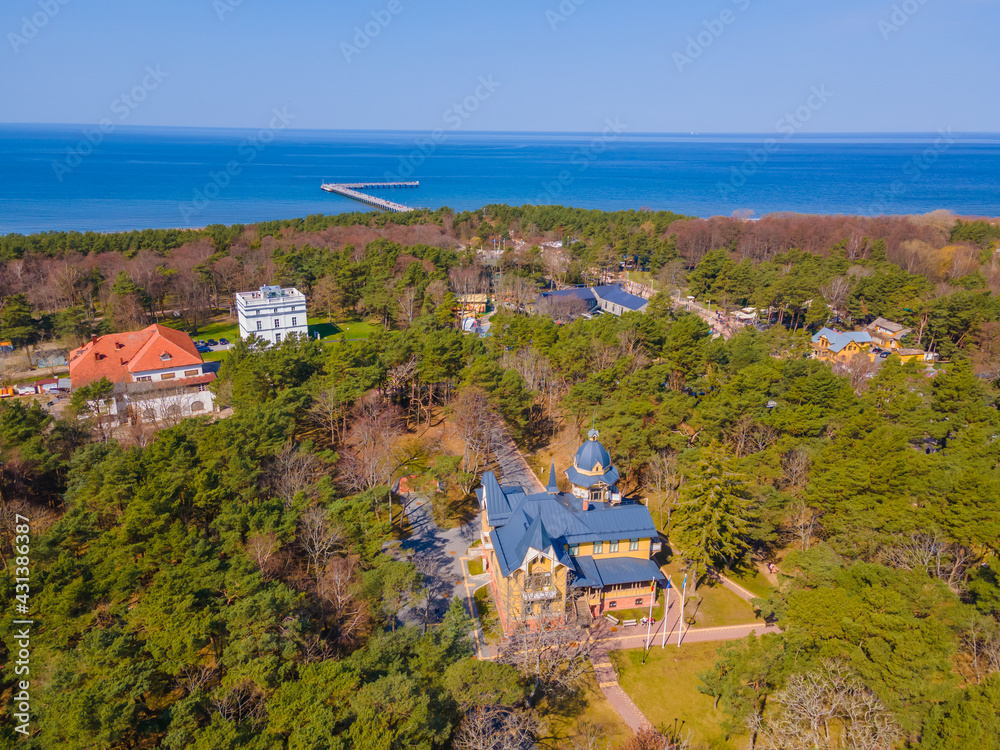 Aerial panoramic view of Palanga resort in Lithuania with a sea bridge far-off