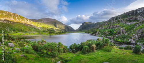 Konstfotografi Large panorama with Black Lake valley and mountains at sunset in Gap of Dunloe,