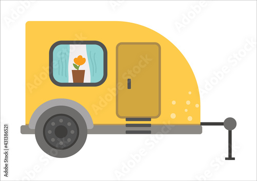 Vector tourist trailer with door and window. Cute camper van isolated on white background. Camping carrier car illustration. Journey vehicle concept. Funny mobile home icon .