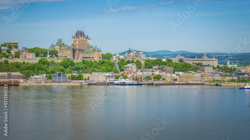 View on Quebec city, the Chateau Frontenac and the St Lawrence river from the park-observation terrace in Levis, Quebec (Canada)
