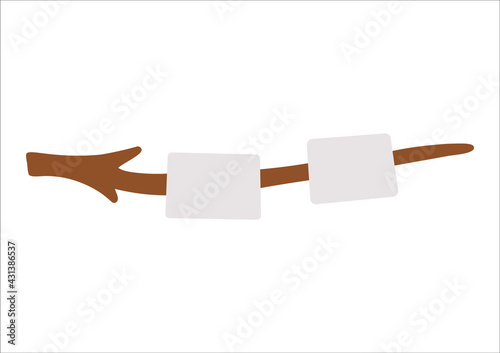 Vector marshmallow on tree twig icon. Summer outdoor grill food illustration. Campfire dessert for outdoor eating isolated on white background.