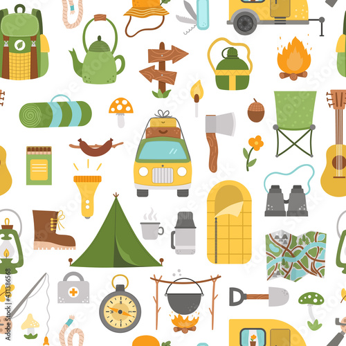 Vector summer camp seamless pattern. Camping, hiking, fishing repeat background. Outdoor nature tourism digital paper with backpack, van, rod, clothes, fire place, sleeping bag. .