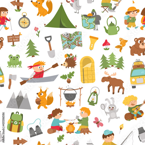 Vector summer camp seamless pattern. Camping, hiking, fishing equipment digital paper with cute kids and forest animals. Outdoor nature tourism repeat background with backpack, van, fire.
