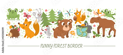 Vector horizontal set with cute comic forest animals and elements. Card template design with woodland characters, birds, insects. Funny summer camp, active nature trip or local tourism border..