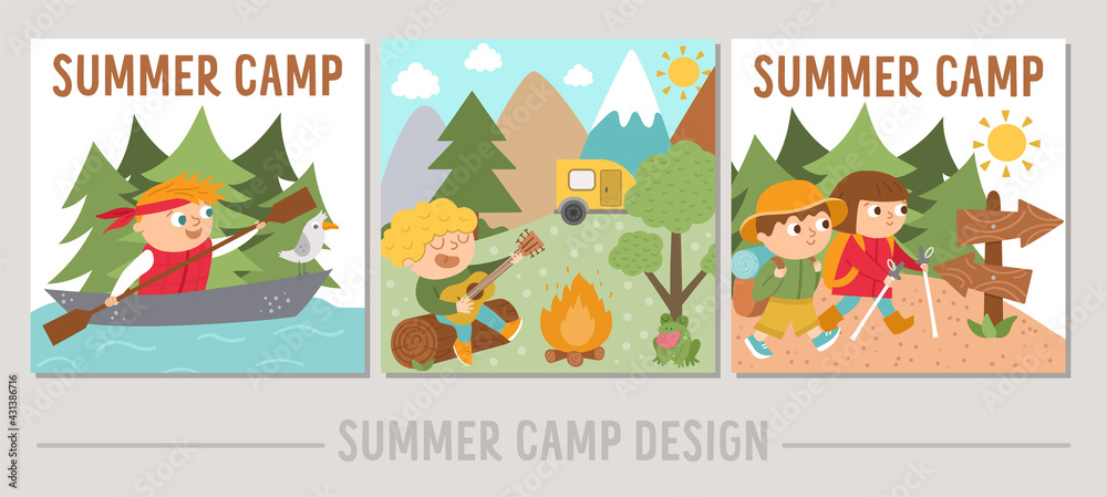 Set of Summer camp cards with cute kids doing camping activities. Vector square print templates with children rafting, playing guitar, hiking. Active holidays or local tourism design for postcards.