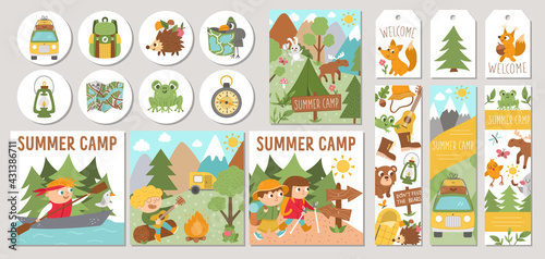 Cute set of Summer camp cards with forest animals, camping elements and kids. Vector square, round, vertical print templates. Active holidays or local tourism design for tags, postcards, ads.