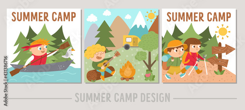 Set of Summer camp cards with cute kids doing camping activities. Vector square print templates with children rafting, playing guitar, hiking. Active holidays or local tourism design for postcards.
