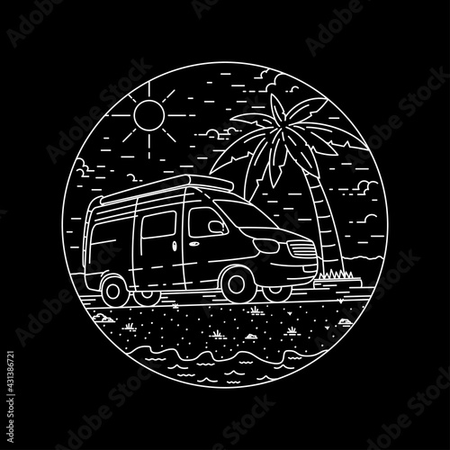 Camper van logo. Happy camper holiday beach design template. Vector and illustrations.