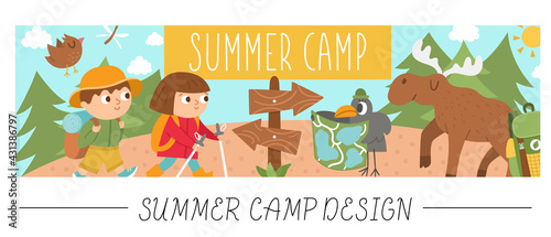 Cute Summer camp horizontal card with comic adorable forest animals and kids in the woods. Vector trip print template. Active holidays or local tourism bookmark or border banner design .