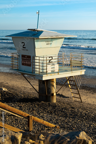 Torrey Pines State Natural Reserve Beach Lifeguard Tower with Rocks and Ocean Waves in La Jolla, California, Located in San Diego County.	