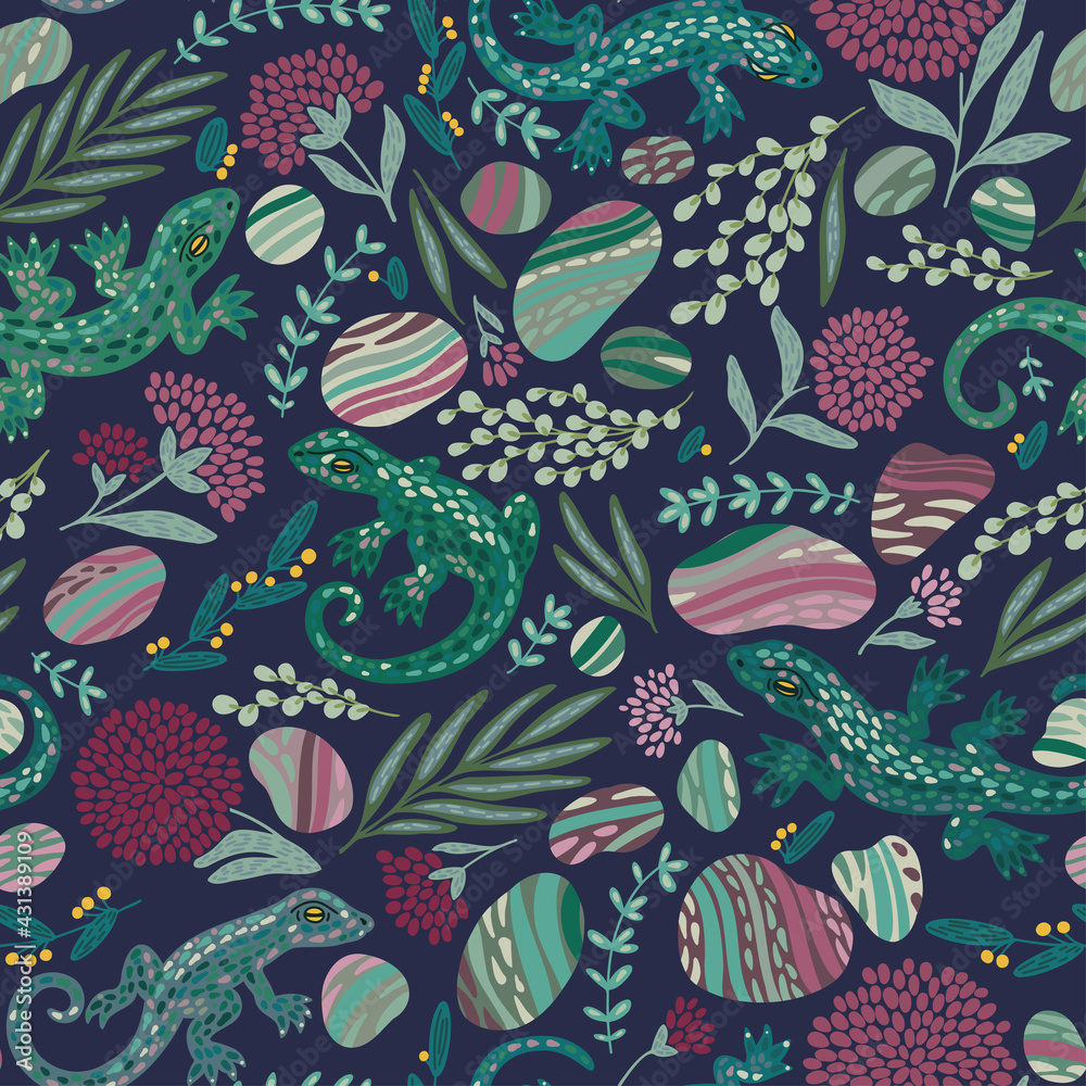 Vector hand-drawn Lizard seamlessly pattern with jungle flora, flowers. Cute baby animals illustrations. Background for fabric, textile, posters, gift wrapping paper. Print for kids, baby, child. Vector hand-drawn Lizard seamlessly pattern with jungle flora, flowers. Cute baby animals illustrations. Background for fabric, textile, posters, gift wrapping paper. Print for kids, baby, child.