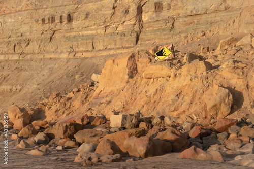 Sandstone Rock Avalanche with Warning Sign at Torrey Pines State Natural Reserve in La Jolla, Located in San Diego County.