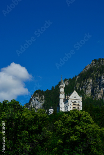 zamek na skale, castle on a rock above wooded hills against blue sky, castle on a forest hill