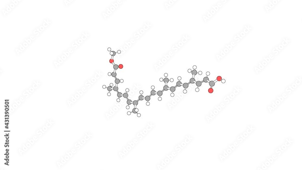 360º realistic 3D view of Bixin as a seamless loop over a white opaque background with alpha mask. Also called isobixin and alpha-bixin.