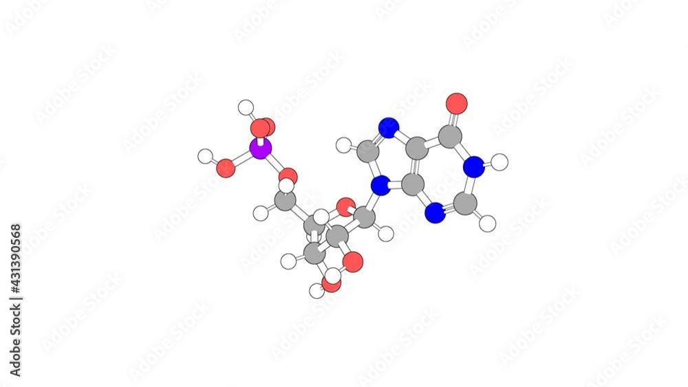 360º realistic 3D view of Inosinic Acid as a seamless loop over a white opaque background with alpha mask. Also called 5'-inosinic acid and inosine 5'-monophosphate.