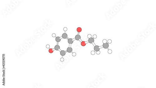360º realistic 3D view of Propylparaben as a seamless loop over a white opaque background with alpha mask. Also called propyl 4-hydroxybenzoate and propyl paraben. photo