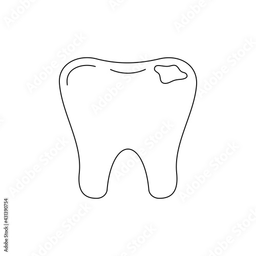 Tooth decay dental line art icon isolated. Tooth with caries hole. Vector flat design outline dentistry clip art illustration. Editable stroke.