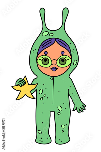 Little girl wearing green alien jumpsuit and eyeglasses, holding a yellow star,cute cartoon character on white background.Kid in funny ufo pajamas.Child holiday costume. Sleepover slumber party mascot