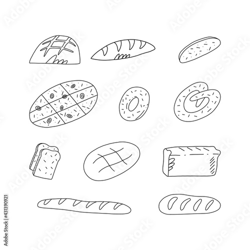 Cute doodle set of various traditional French, Italian and others bread sorts. Cartoon vector isolated illustration.