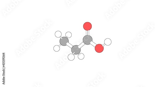 360º realistic 3D view of Propionic Acid as a seamless loop over a white opaque background with alpha mask. Also called propanoic acid and ethylformic acid. photo