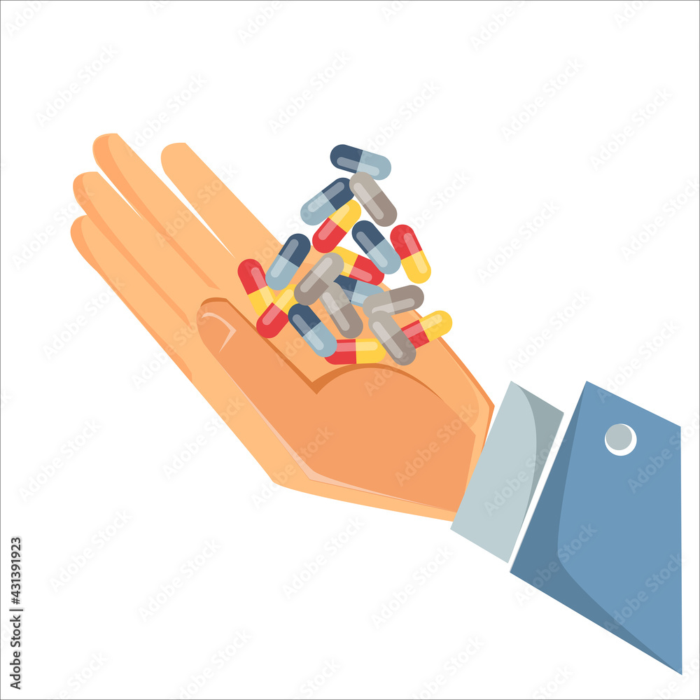 The concept of medicine and cure for illness and cold. A hand holds a mountain bunch of capsules, tablets, medicines, vitamin or antibiotics. Vector illustration in cartoon flat style isolated fun