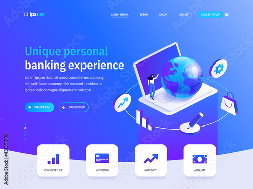 Vector landing page of Unique personal banking experience isometric concept. Bank transaction, financial tools, digital currency, investment. Illustration of advertising banner in isometry design