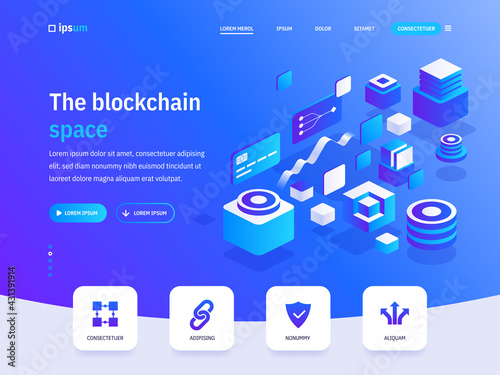 Vector landing page of the blockchain space isometric concept. Cryptocurrency exchange, digital money currency, protection, financial tools. Illustration of advertising banner in isometry design