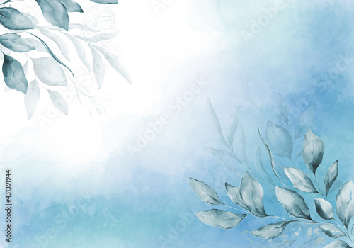 Fototapeta Naklejka Na Ścianę i Meble -  Pale blue leaves - botanical design banner. Floral pastel watercolor border frame.