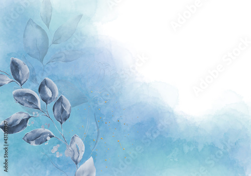 Pale blue leaves - botanical design banner. Floral pastel watercolor border f...