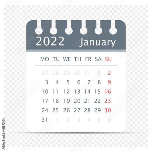 January 2022 - Calendar Icon - Extra days - Week Starts On Monday