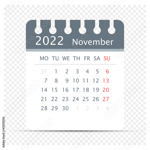November 2022 - Calendar Icon - Extra days - Week Starts On Monday - Week Starts On Monday