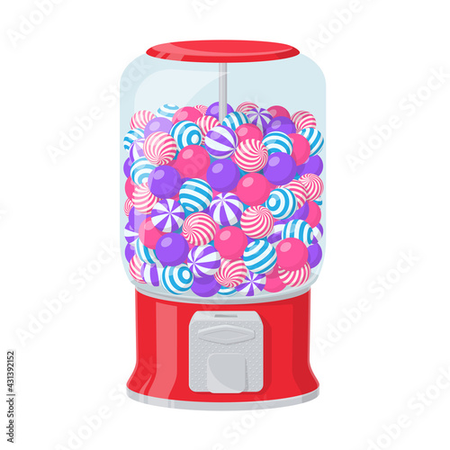 Gumball machine, dispenser with striped bubble gums isolated on white background. Vector cartoon illustration of red vending machine with clear container full of round chewing candies and sweets