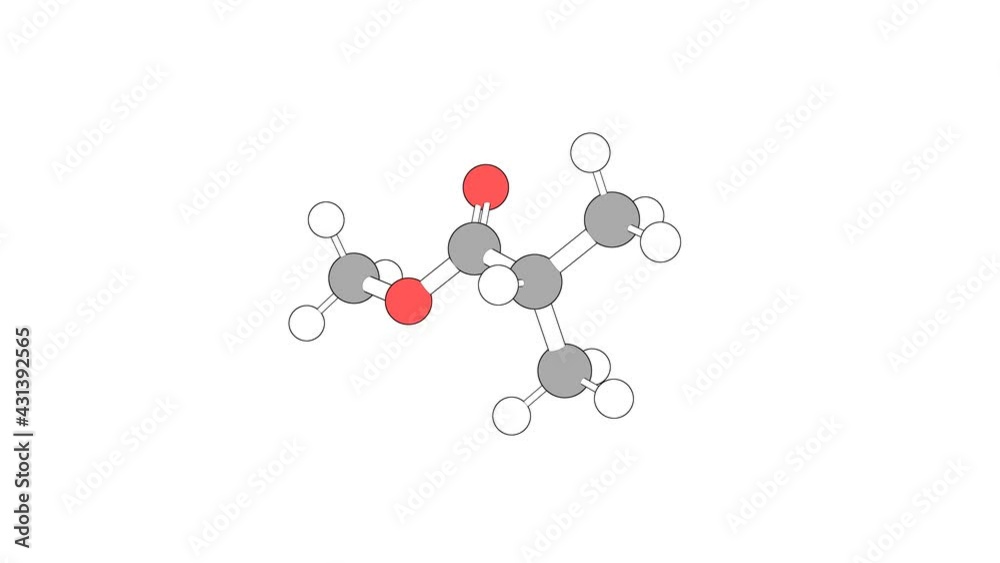 360º realistic 3D view of Methyl Isobutyrate as a seamless loop over a white opaque background with alpha mask. Also called methyl 2-methylpropanoate and methyl isobutanoate. 360º realistic 3D view of Methyl Isobutyrate as a seamless loop over a white opaque background with alpha mask. Also called methyl 2-methylpropanoate and methyl isobutanoate.