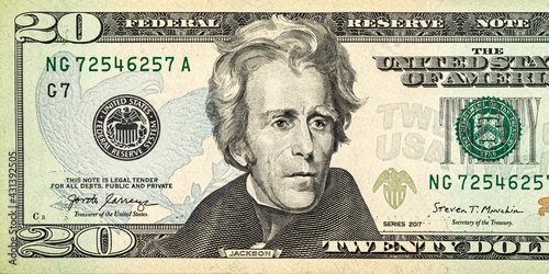 Close-up photo of front side of 20 USA dollar banknote