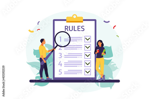 People studying list of rules, making checklist, reading guidance. Vector illustration. Flat style