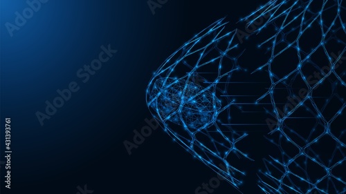 Hockey goal. A flying puck breaks through the net. Polygonal construction of concatenated lines and points. Blue background.