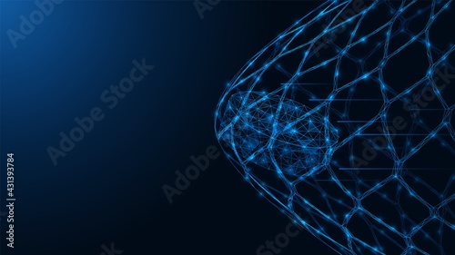 The puck is in the hockey goal net. Polygonal construction of concatenated lines and points. Blue background.