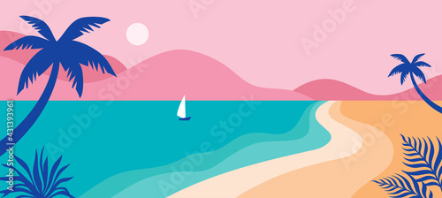 Summer time fun concept design. Creative background of landscape  panorama of sea and beach on air balloon. Summer sale  post template