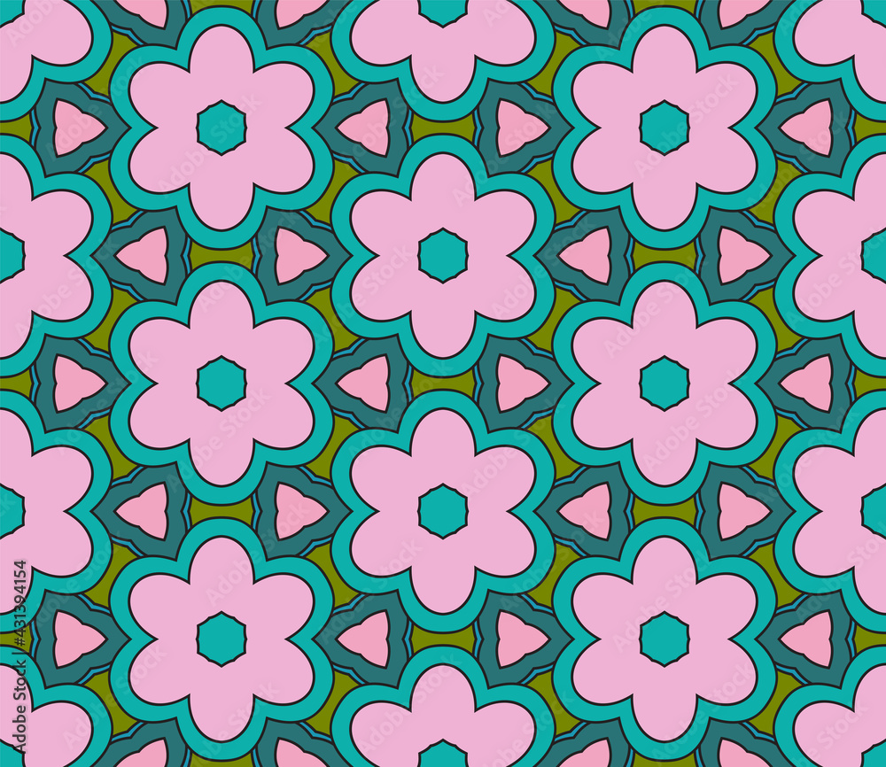 Abstract colorful doodle flower seamless pattern. Floral geometric background. Mosaic, tile of thin line ornament.