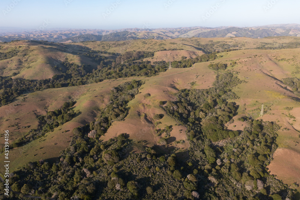Obraz premium Evening sunlight shine on the serene hills of the East Bay, just east of San Francisco Bay, California. This area has a number of parks and open spaces available to explore by hiking and biking.