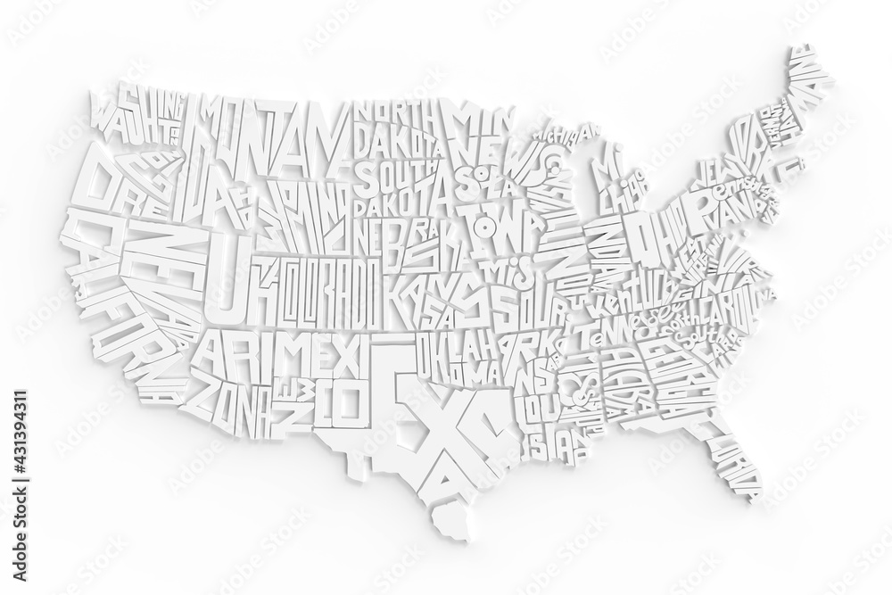 3d Geographic Map of USA Abstract Lettering Render