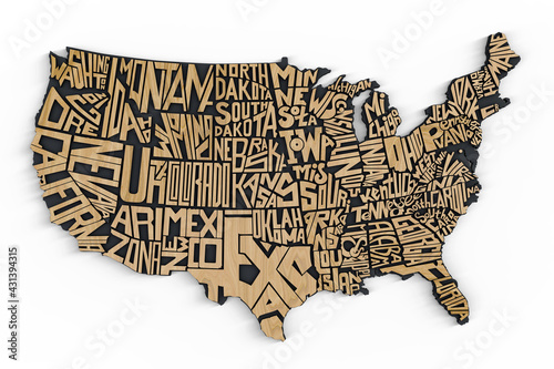 3d Geographic Map of USA Wood Lettering Render