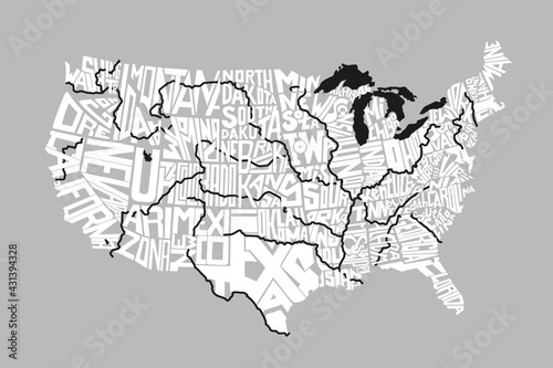 United States Of America Lettering Map Rivers Lake