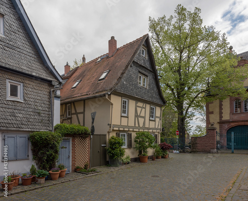 old half-timbered houses in the historic old town of Frankfurt Hoechst