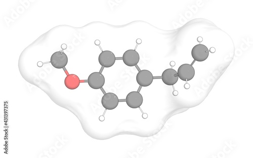 3D rendering of Estragole with white transparent surface over a white opaque background. Also called 4-allylanisole and 1-allyl-4-methoxybenzene. photo