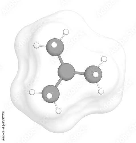 3D rendering of Isobutane with white transparent surface over a white opaque background. Also called 2-methylpropane and trimethylmethane. photo