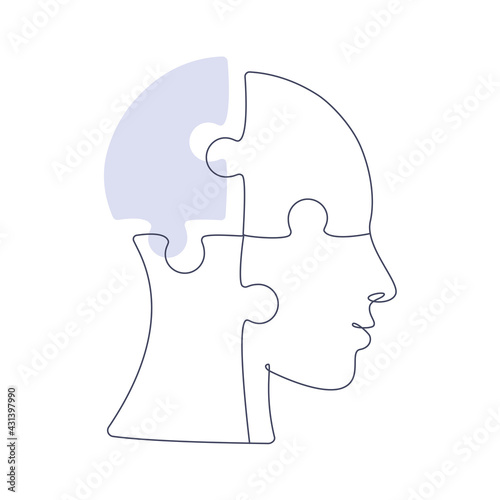 Puzzle shaped head lacking one piece in one line drawing. Concept of Mental health. Vector illustration