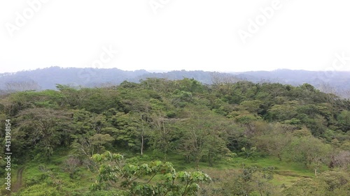View of Arenal region in the morning, with mist over the green, lush forest and birds chirping