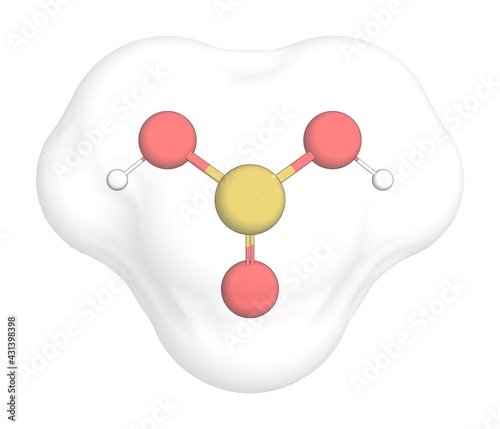 3D rendering of Sulfurous Acid with white transparent surface over a white opaque background. Also called sulphurous acid and sulfur dioxide solution. photo