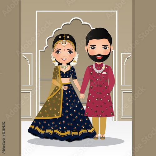  Wedding invitation card the bride and groom cute couple in traditional indian dress cartoon character. Vector illustration.